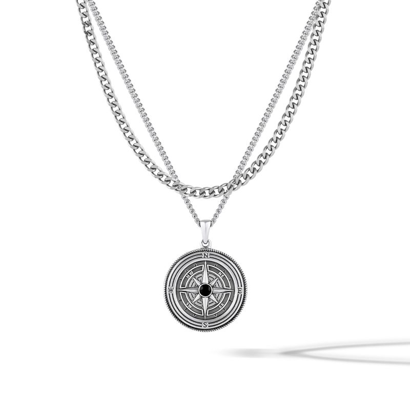 Compass Pendant Curb Chain Necklace SIlver