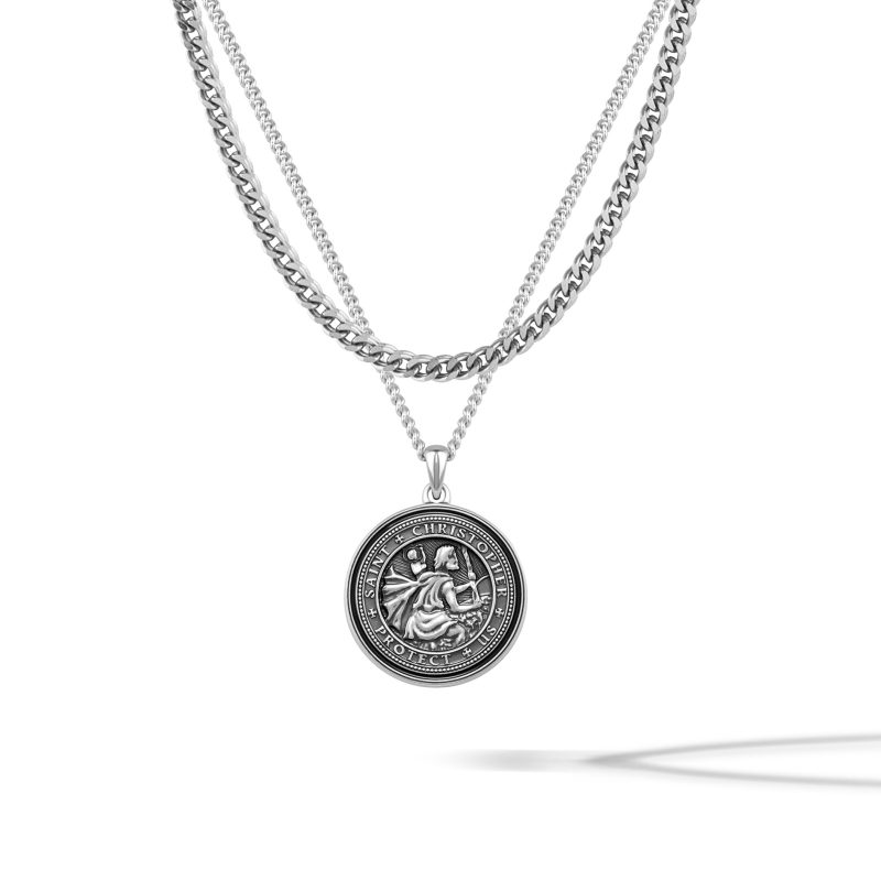 St Cristopher Pendant Curb Chain Necklace SIlver