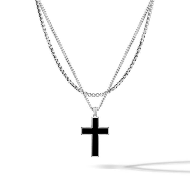 Stone Cross Pendant Box Necklace Silver