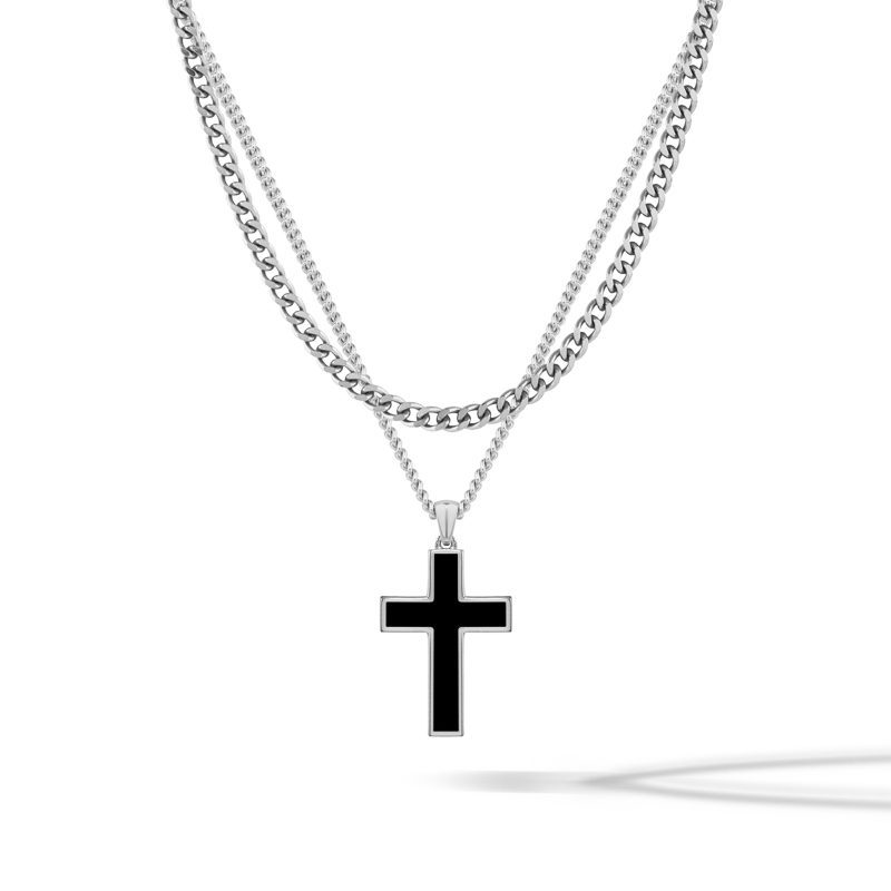 Stone Cross Pendant Curb Chain Necklace SIlver