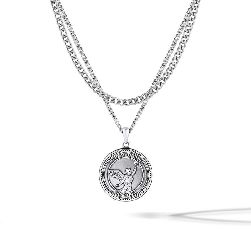 Veni Vidi Vici Pendant Curb Chain Necklace SIlver